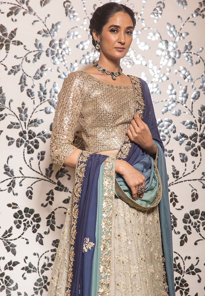 Grey Lucknowi Lehnga Ombre Dupatta Set