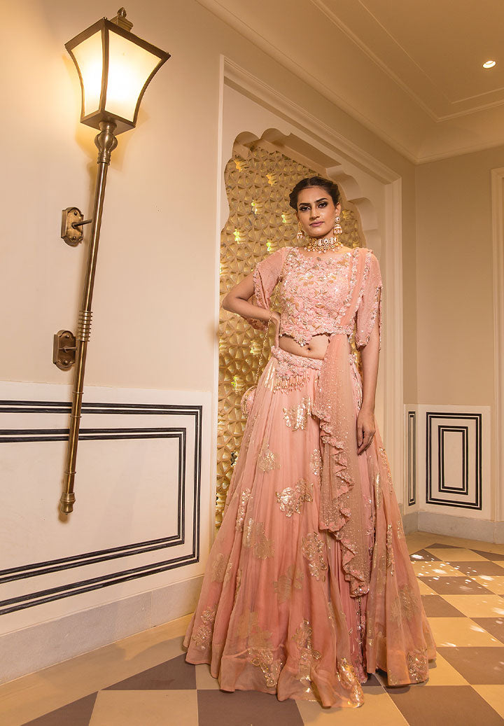 Rose Gold Pink Foil Drape Lehenga