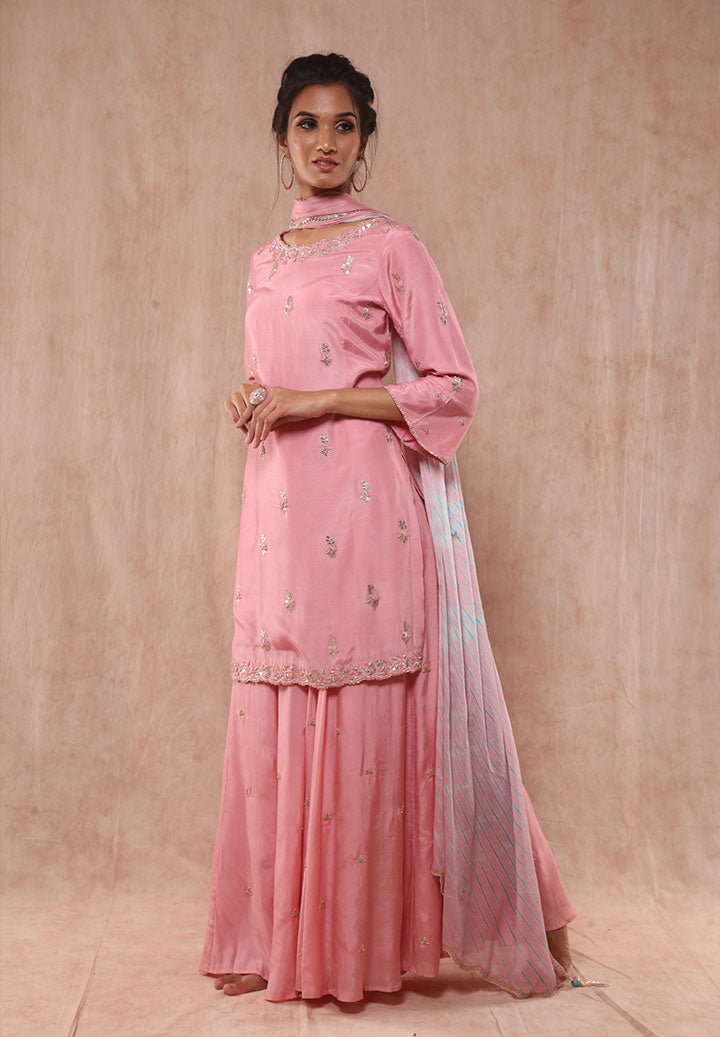 Pink Silk Lehriya Sharara Outfit
