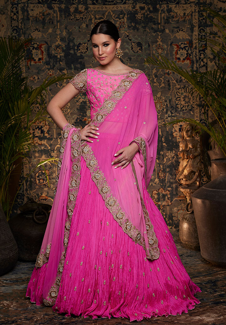 Hot Pink Crushed Lehenga