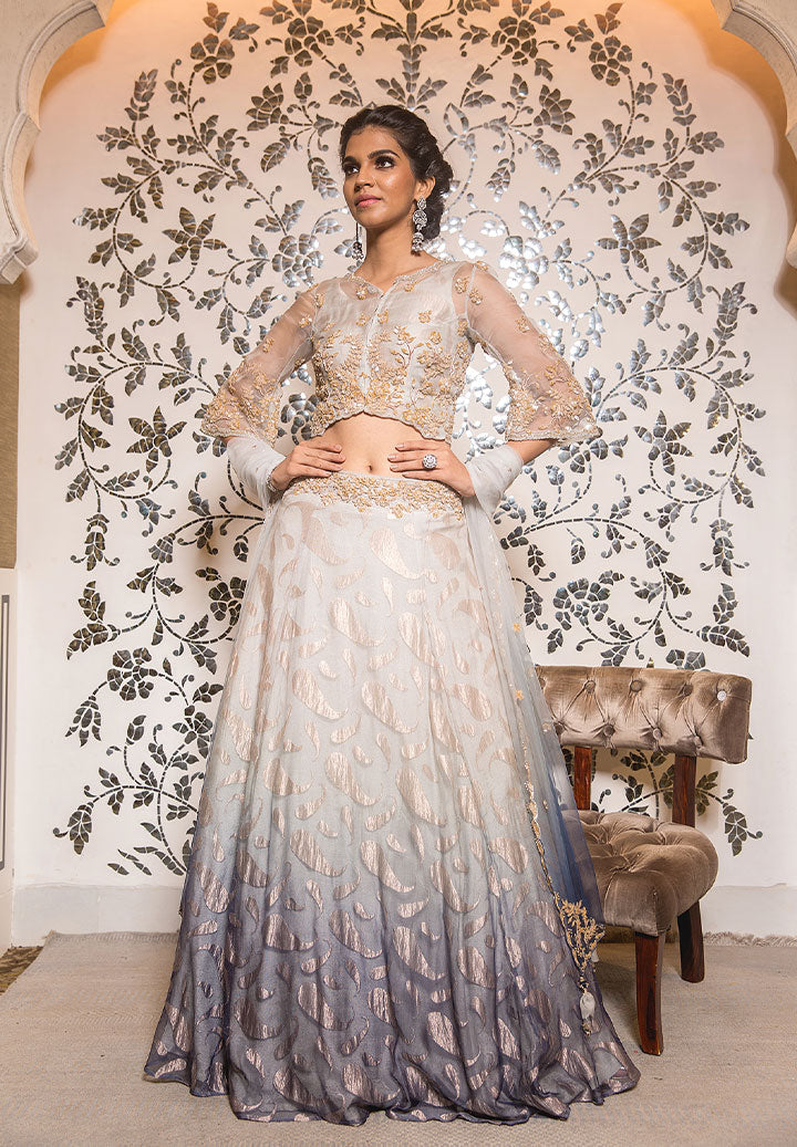Midnight Blue Ombre Net Jacqard Lehenga