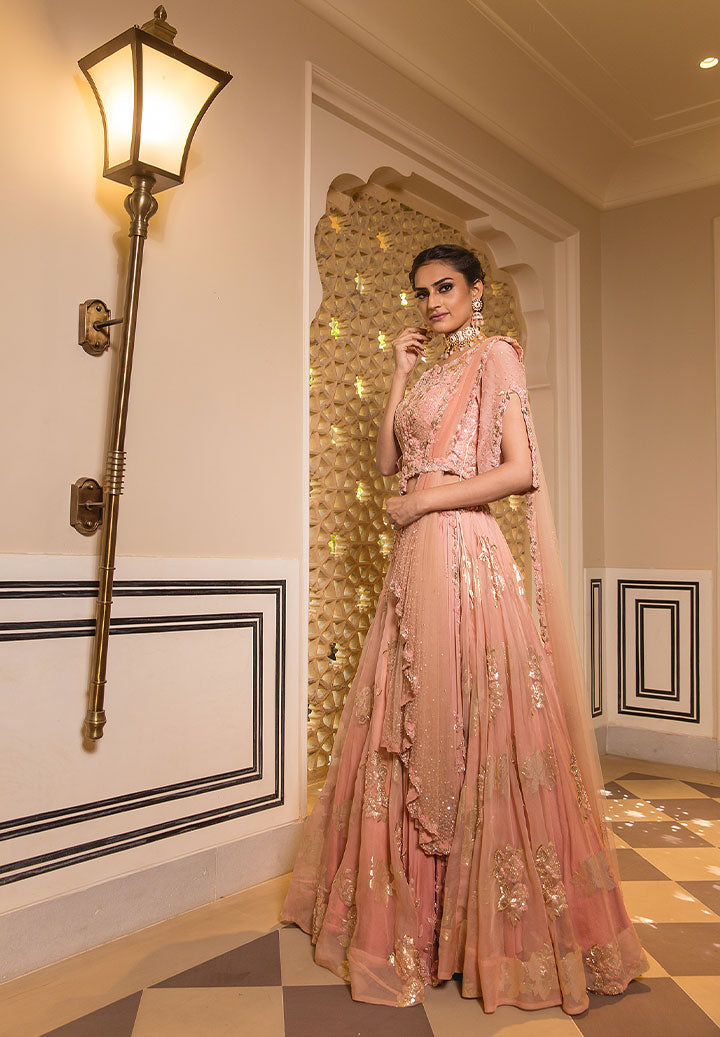 Rose Gold Pink Foil Drape Lehenga