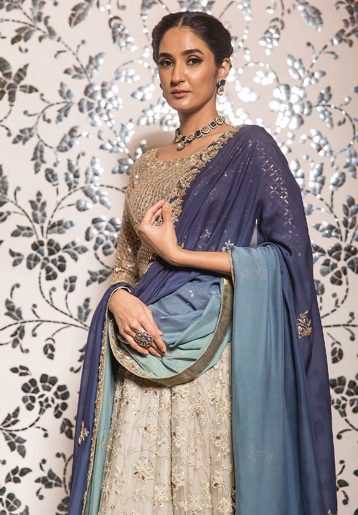 Grey Lucknowi Lehnga Ombre Dupatta Set