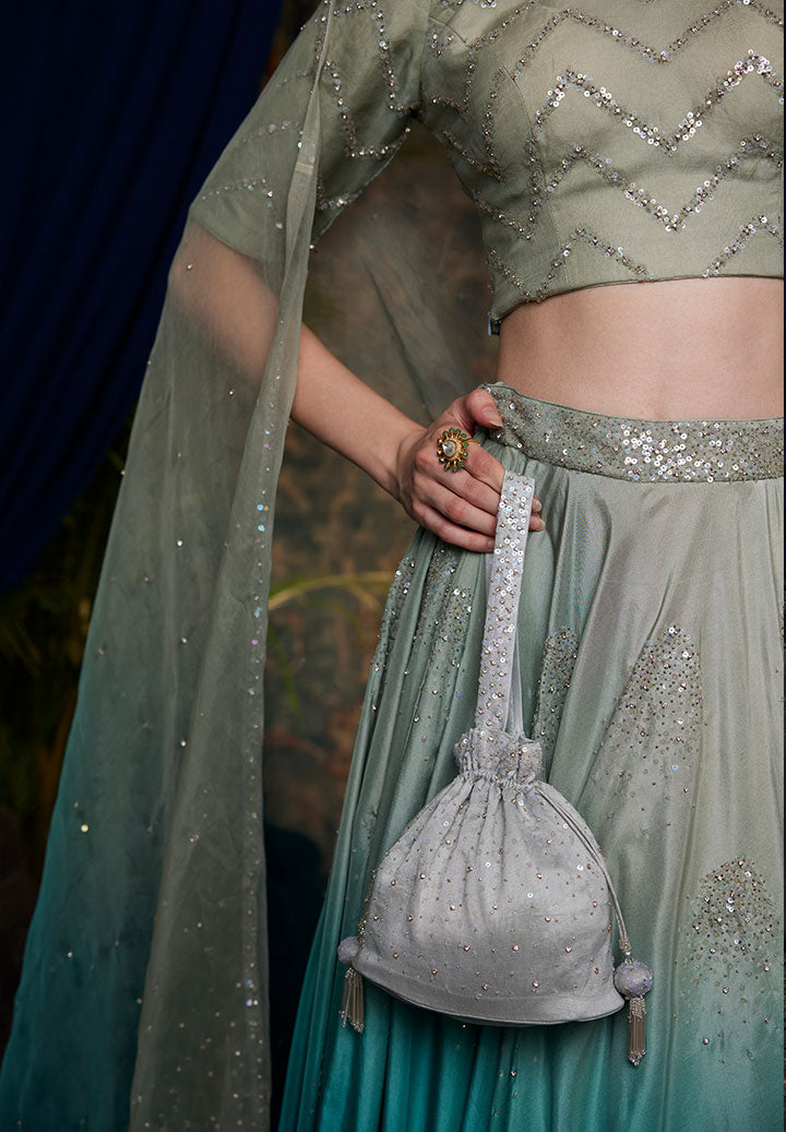 Teal Ombre Butter Silk Lehenga