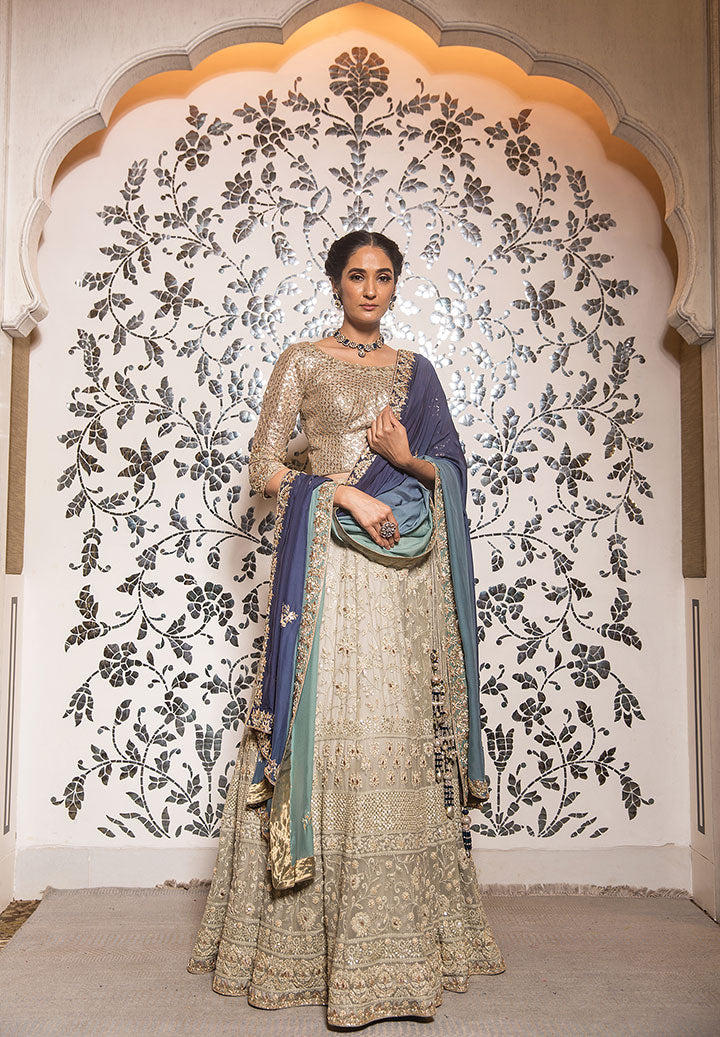 Grey Lucknowi Lehnga Ombre Dupatta Set