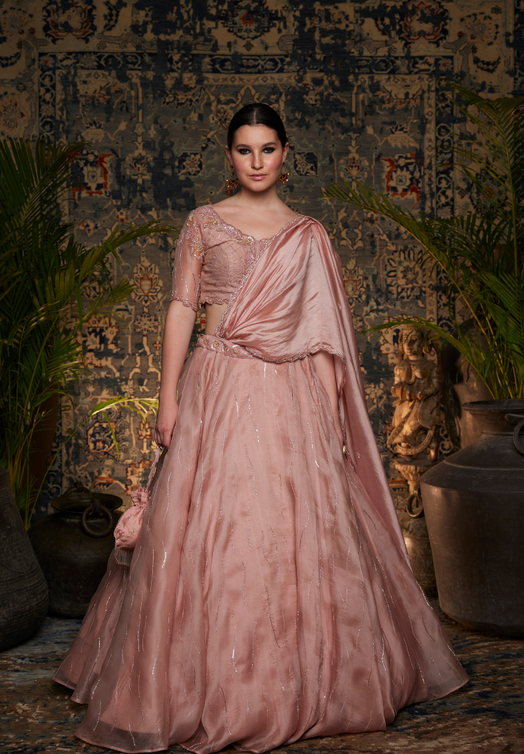 Mauve Pink Organza Drape Lehenga
