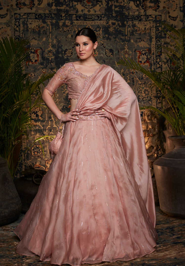 Mauve Pink Organza Drape Lehenga