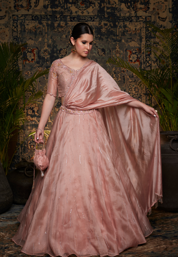 Mauve Pink Organza Drape Lehenga