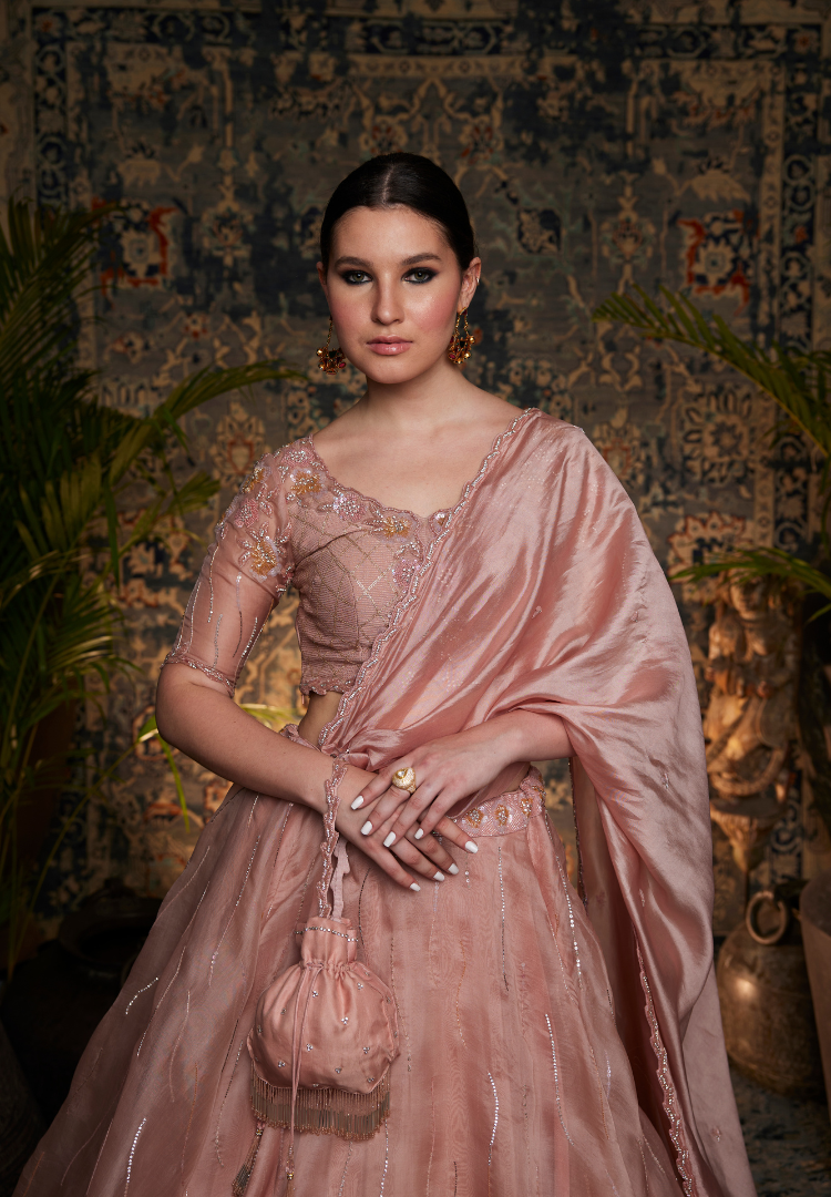 Mauve Pink Organza Drape Lehenga