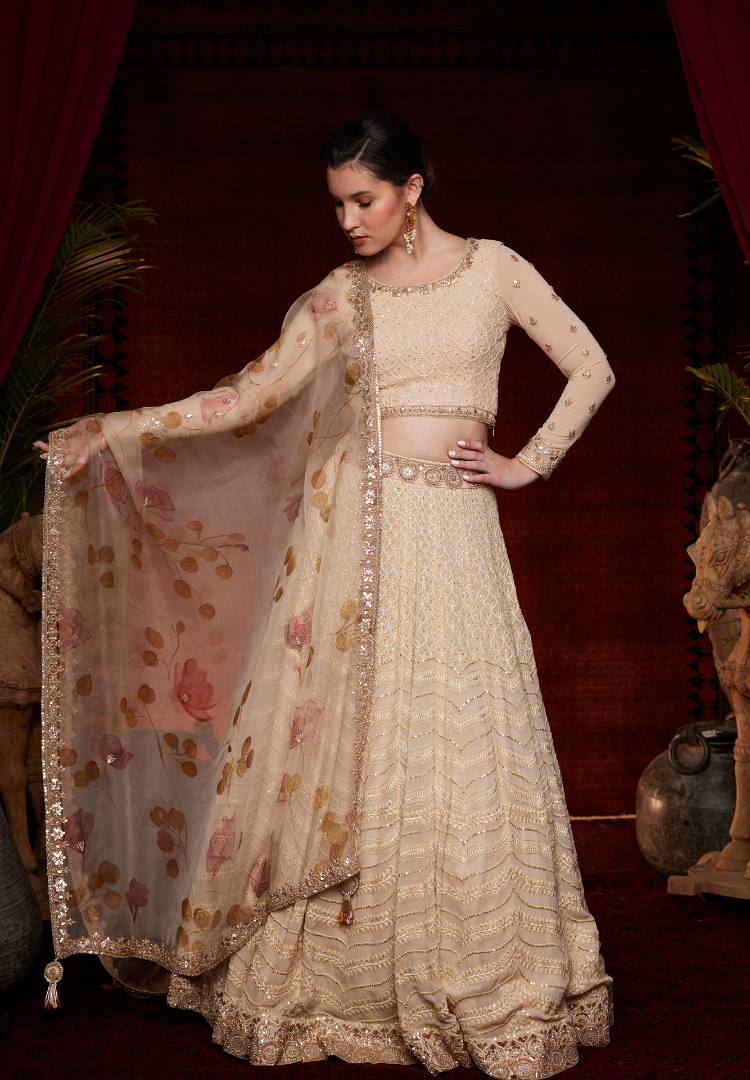 Bej Self Embroidered Handpainted Duptta set