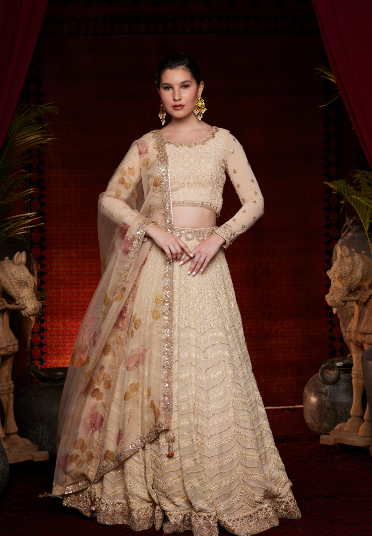 Bej Self Embroidered Handpainted Duptta set