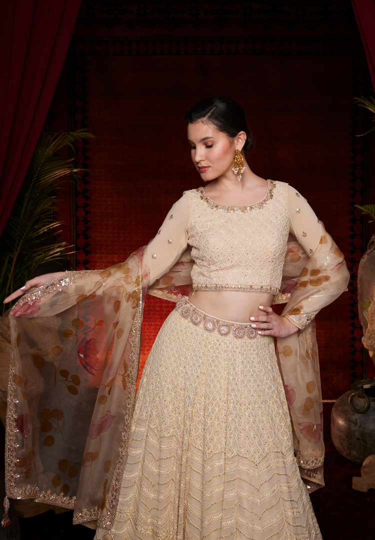 Bej Self Embroidered Handpainted Duptta set