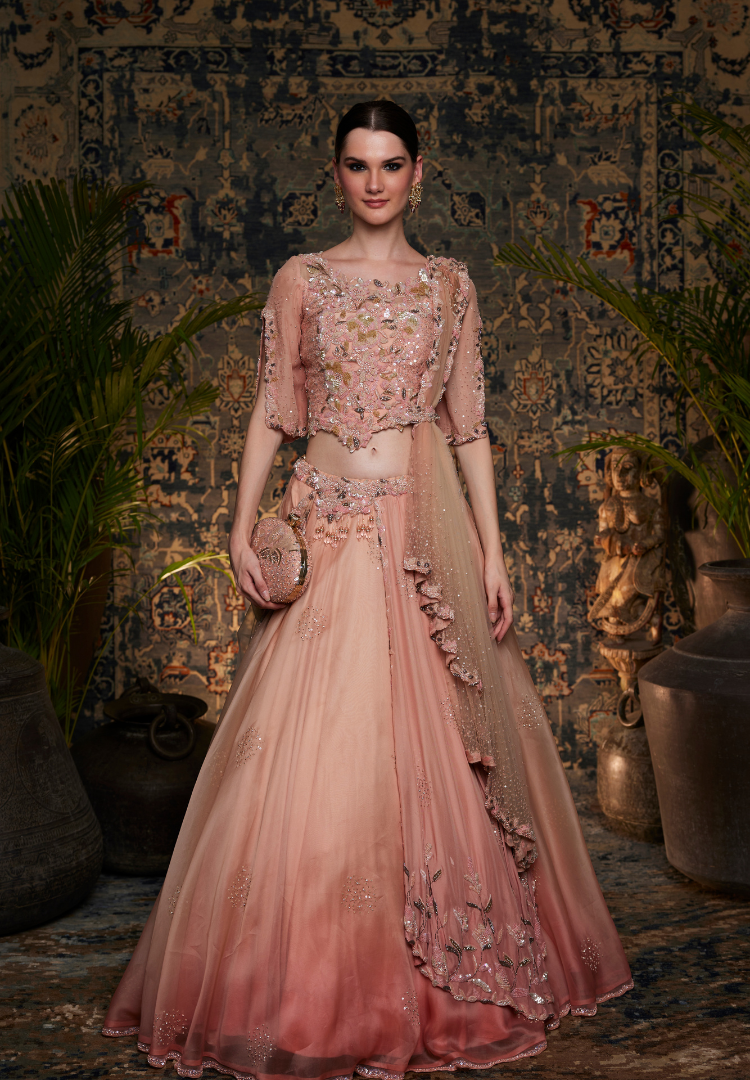 Blush Pink Ombre Drape Lehenga Outfit