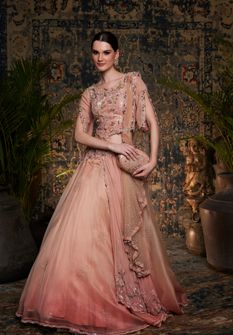Blush Pink Ombre Drape Lehenga Outfit