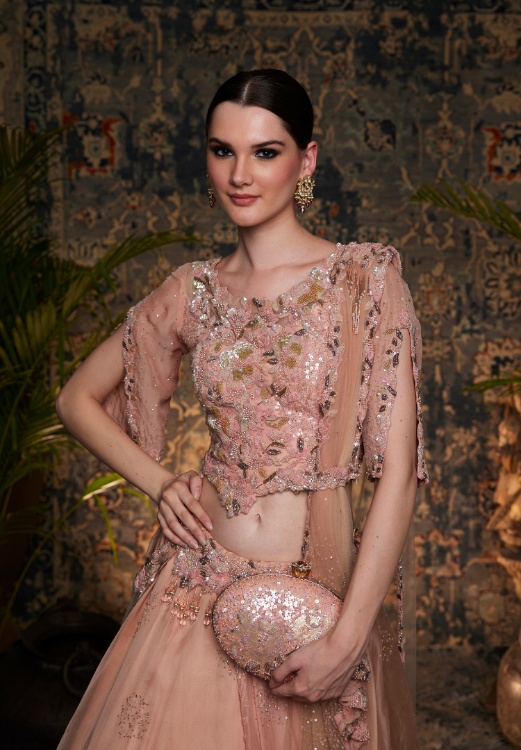 Blush Pink Ombre Drape Lehenga Outfit