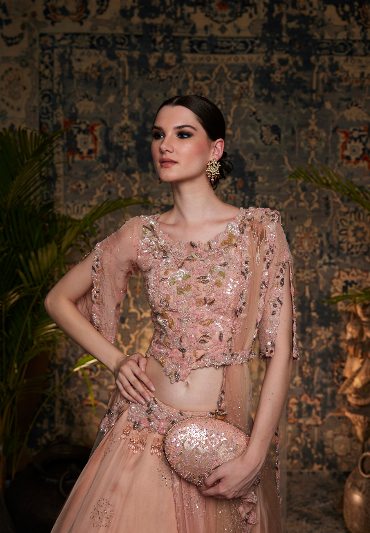Blush Pink Ombre Drape Lehenga Outfit