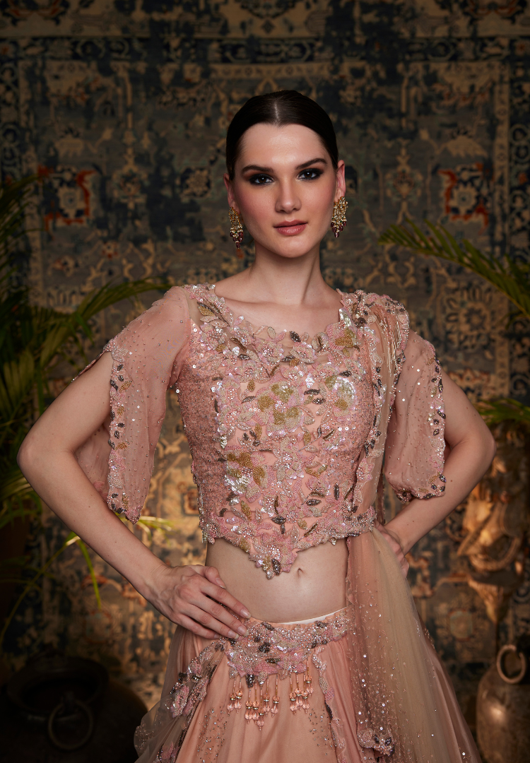 Blush Pink Ombre Drape Lehenga Outfit
