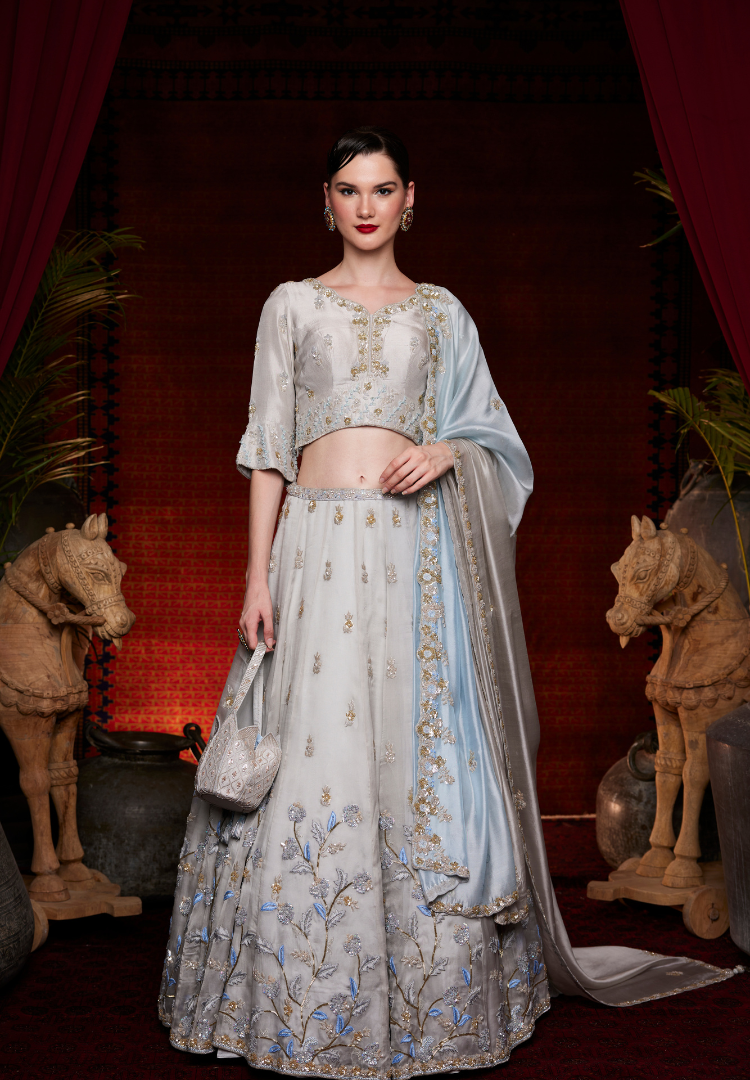 ICE GREY SATIN ORGANZA LEHENGA