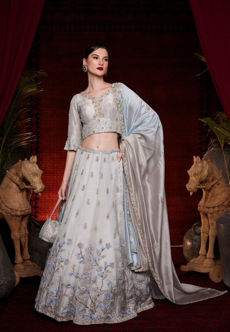 ICE GREY SATIN ORGANZA LEHENGA