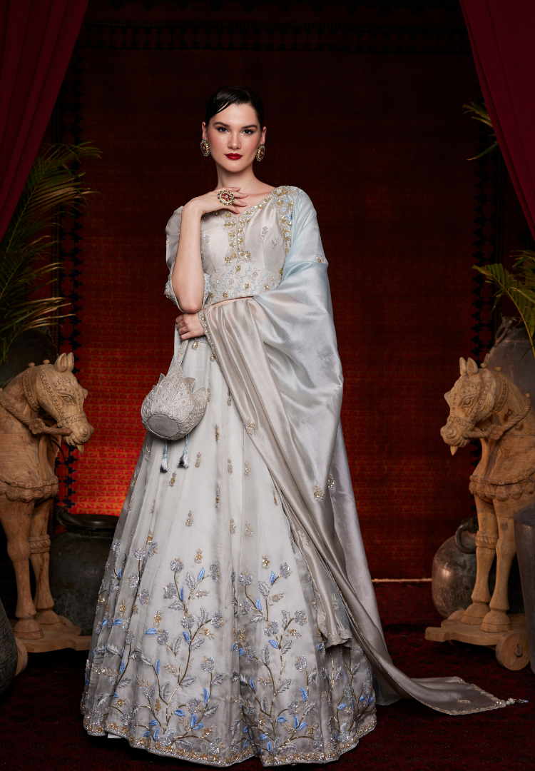 ICE GREY SATIN ORGANZA LEHENGA