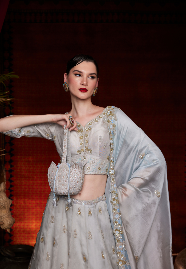 ICE GREY SATIN ORGANZA LEHENGA