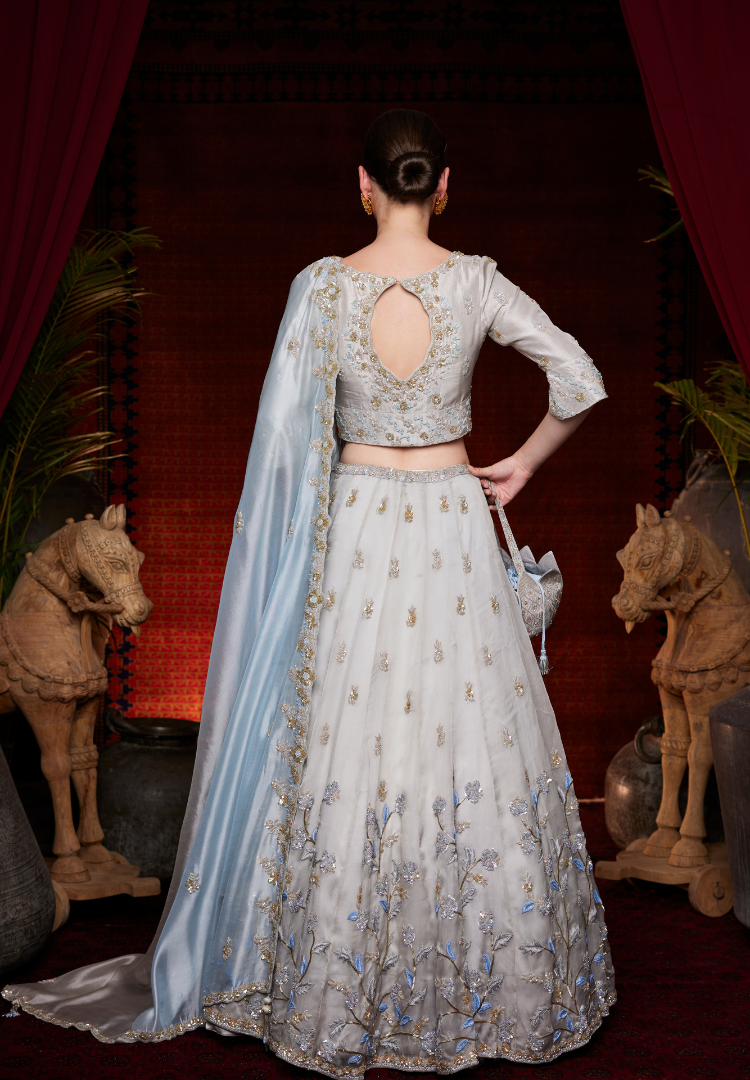 ICE GREY SATIN ORGANZA LEHENGA
