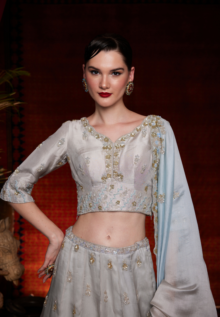 ICE GREY SATIN ORGANZA LEHENGA