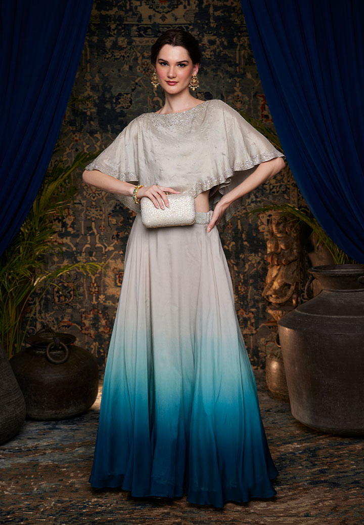 Teal Ombre Skirt And Drape Top