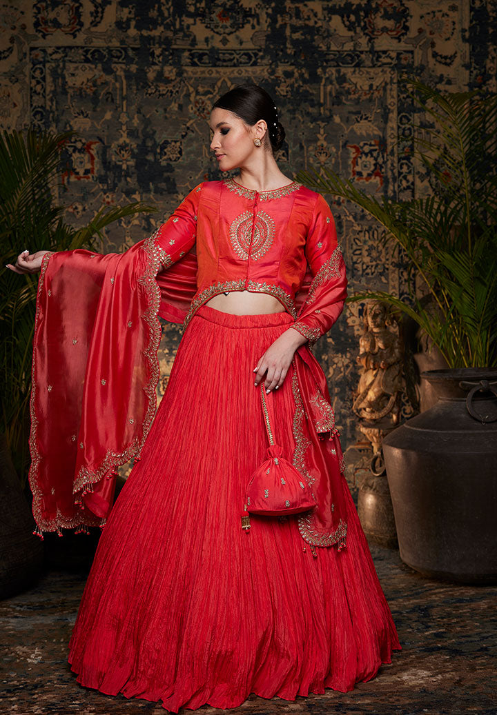 Rust Orange Crushed Lehenga