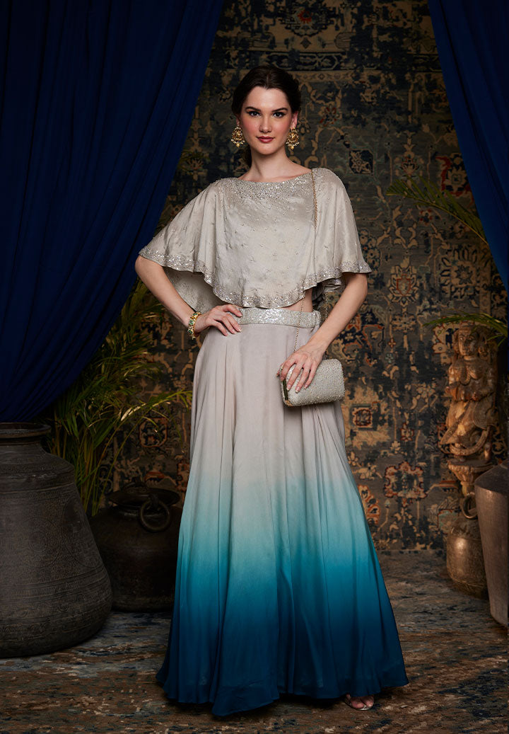 Teal Ombre Skirt And Drape Top