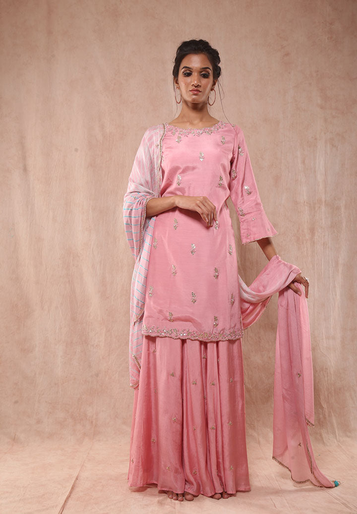 Pink Silk Lehriya Sharara Outfit