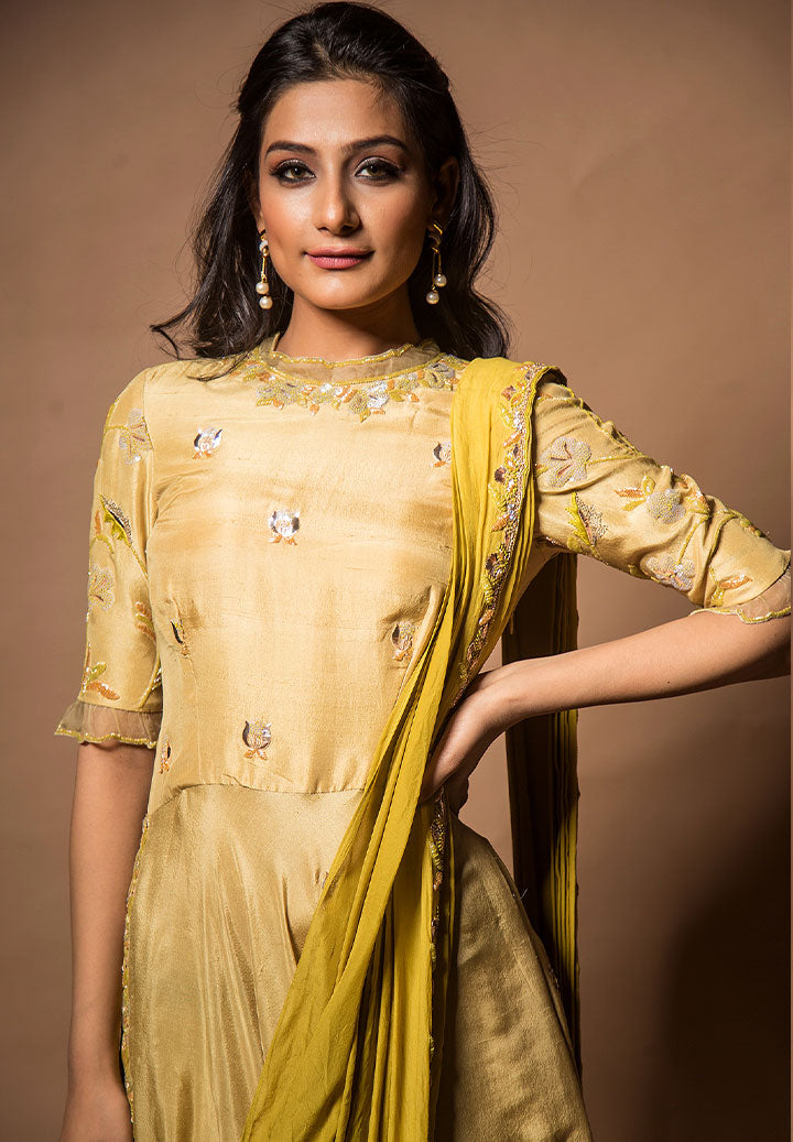 Olive Sage Green Draped Indowestern