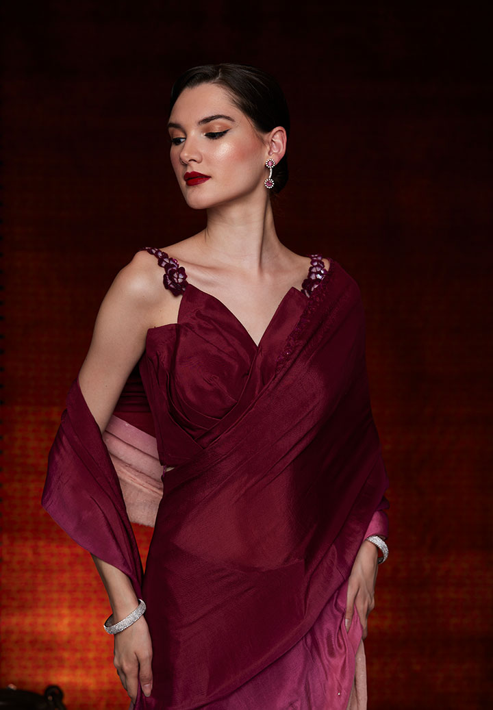 Wine Pink Ombre Drape Saree