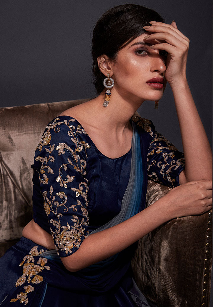Silk Navy Blue Drape Lehenga