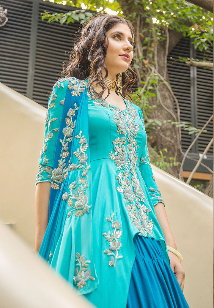 Turquoise Lehenga Drape Kurta Outfit