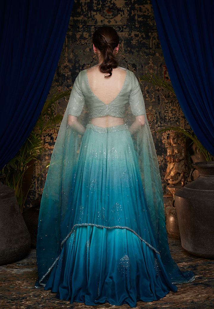 Teal Ombre Butter Silk Lehenga